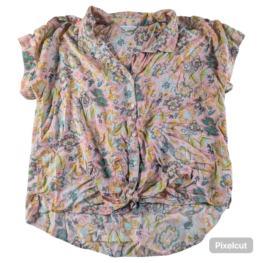 Lucky Brand Pink Floral Modal Short Sleeve Tie Front Button Down Shirt Size M
